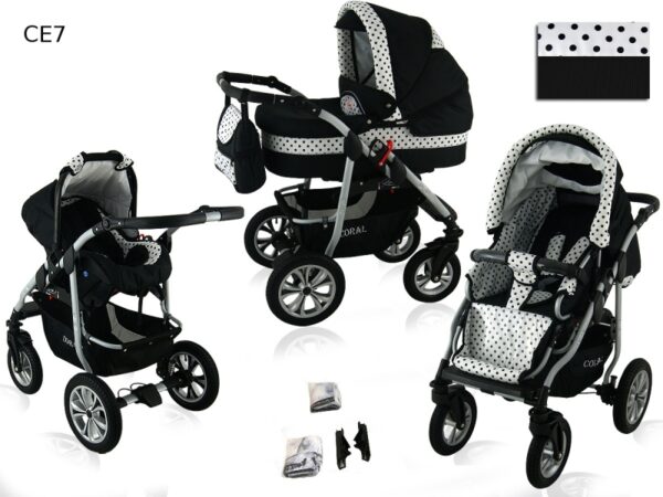 Carucior 3 in 1 Kerttu Coral CE7 negru cu alb si puncte