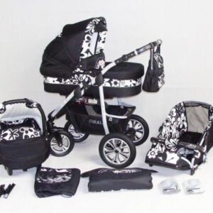 Carucior 3 in 1 Kerttu Coral CF2 negru cu flori albe