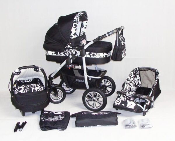 Carucior 3 in 1 Kerttu Coral CF2 negru cu flori albe