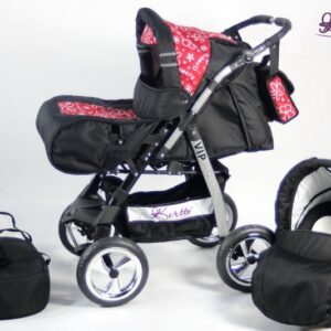 Carucior 3 in 1 Kerttu Vip 19 negru cu rosu si flori