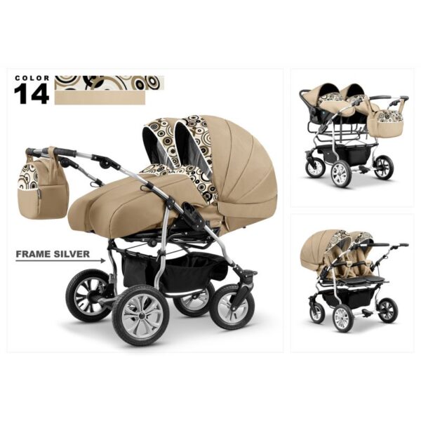 Carucior  3 in 1 pentru gemeni Mikado Duet Lux D-14 Beige