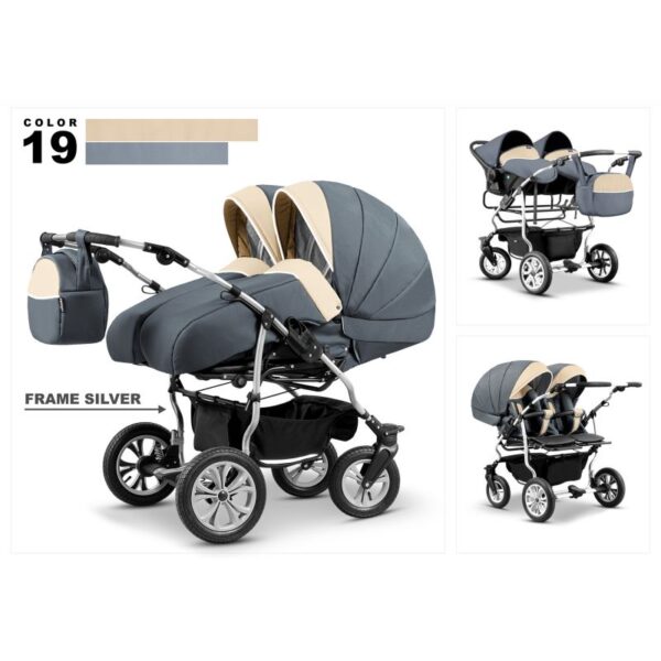 Carucior  3 in 1 pentru gemeni Mikado Duet Lux D-19 Grey