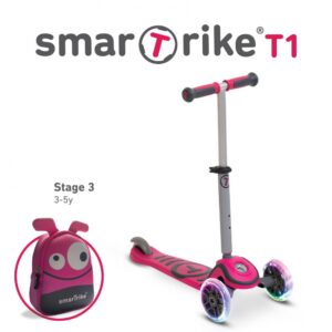 Trotineta cu scaun SmarTrike T1 roz cu luminite si gentuta