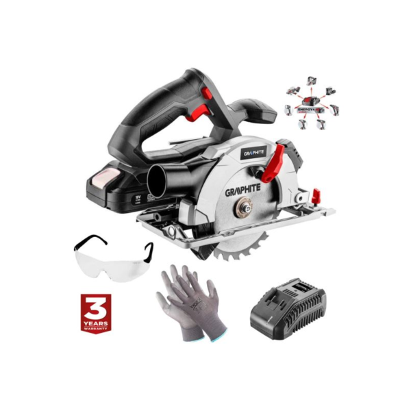 Fierastrau circular de mana, cu acumulator 2 Ah, incarcator 18 V Li-ion, cu ochelari, manusi, 150x10 mm, Graphite Energy